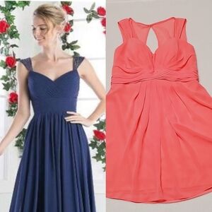 Christina Wu Coral Chiffon Pleated Empire Waist Jewel Neckline Mini Dress 14